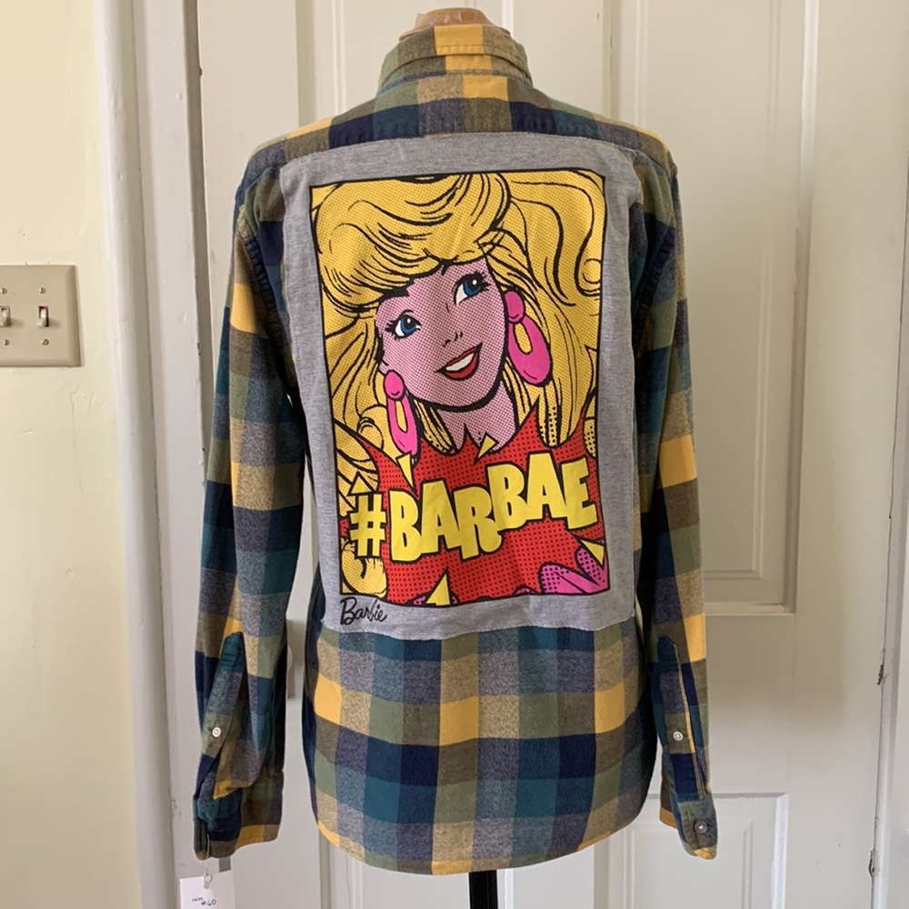 Barbie Hand Made Upcycled Flannel Plaid Shirt M-L